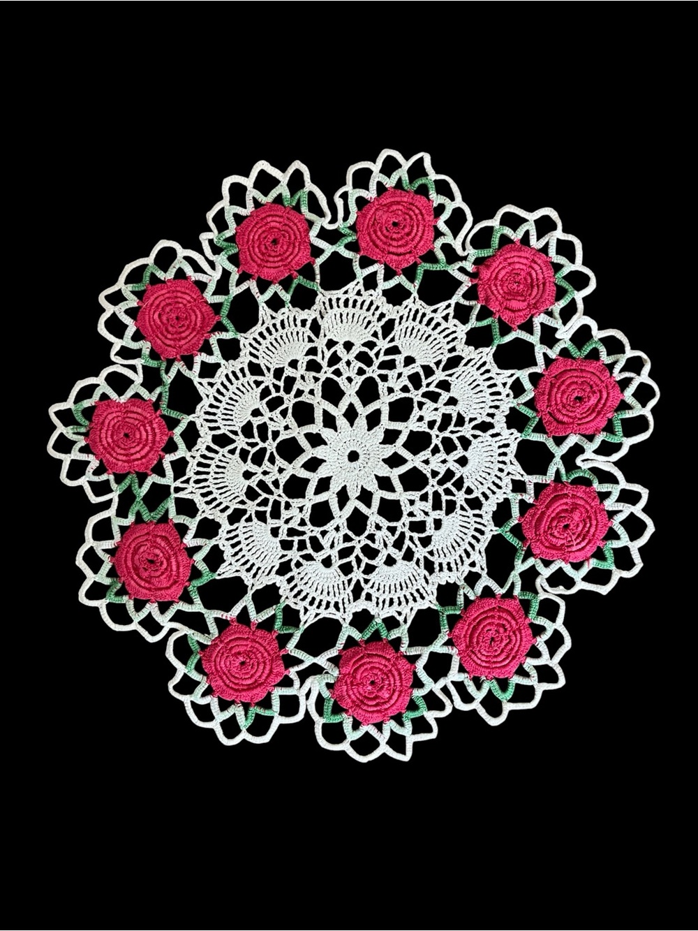 Vintage Handmade Crochet Doily with Pink Roses beautiful